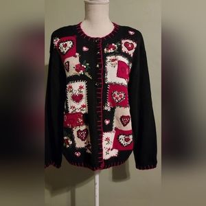 Vintage Heirloom Collection Valentine Cardigan Sweater Red Heart Party XL jj6